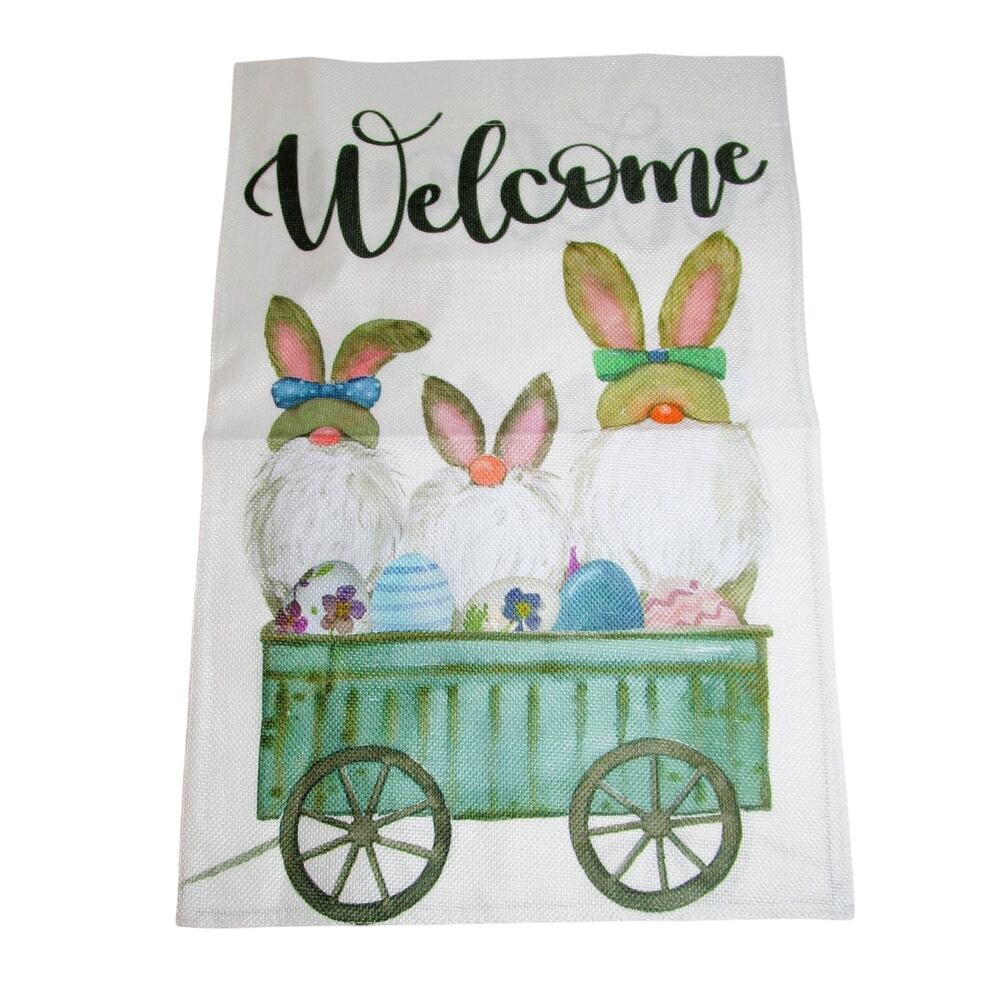 Easter Welcome Garden Flag Three Rabbits Egg Cart Burlap Double‑Sided 11x17 ins
